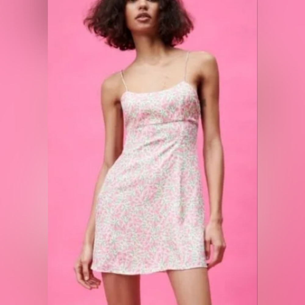 ZARA Pink and Green Mini Floral Dress